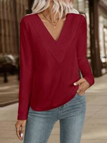 EMERY ROSE Women V-Neck Pleated Casual Long Sleeve T-Shirt, Autumn Fall Cloth For Women - Red - View 3