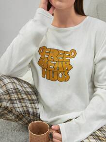 RueChic Cotton 2Pcs Plus Size Slogan Printed Top And Plaid Printed Sleep Bottom PJ Set - Apricot - View 5