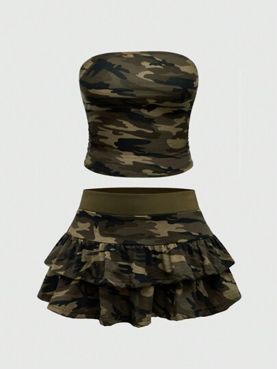 Grunge Punk Conjunto de 2 piezas de top corto y minifalda con estampado de camuflaje en talla grande estilo Y2K