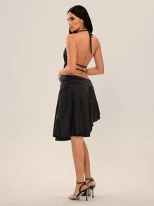 SHEIN SXY Two-Piece Suit With Satin Backless Ruffle Waist And Asymmetrical Skirt For Women - Black - View 2