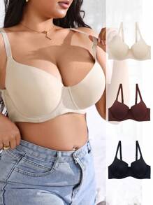 3 Stücke/Set Damen Große Größen Einfarbiger komfortabler kabelloser Sport Top