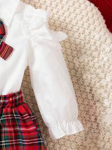 SHEIN Baby Girl Christmas Open Shoulder Ruffle Collar Bow Long Sleeve Top & Plaid Pleated Skirt 2pcs Suit Set, Warm And Comfortable Clothes, Cute Outfit For Autumn/Winter - Multicolor - View 6
