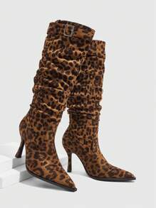 CUCCOO SZL 性感时尚棕色豹纹皱褶尖头细高跟过膝长靴，百搭日常穿着新年假期