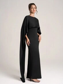 SHEIN Belle Ladies' Solid Color Fitted Simple Casual Long Formal Gown Gown Jacquard Dress Valentine's Day Dress Valentine's Day Dress Black Cocktail Dress Women's Christmas Black Evening Dress Formal Party Dresses Autumn And Winter Black Sexy Mesh Long Sleeve Bridesmaid Dress - Black - View 5