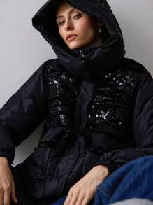 Aveloria Modichic 亮片拼布设计黑色夹棉外套，时尚百搭，温暖有型，新款秋冬装 - 黑色 - 查看 3