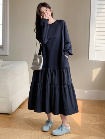 DAZY 女士纯色圆领长袖褶饰休闲秋冬连帽中长连衣裙，返校服装