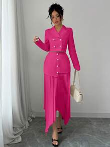 Elenzga 2 Pieces Women Suit Collar Ruched Button Pleated Asymmetric Elegant Set Fall Cloth For Women - Hot Pink - View 4
