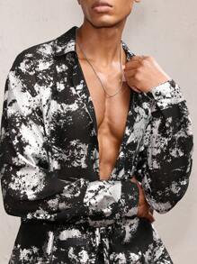 AKNOTIC Party 男士宽松银箔印花领长袖抽绳休闲透明衬衫，适合日常和派对穿着，派对老款男士宽松衬衫，可作为男友礼物 - 黑色 - 查看 2