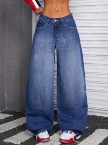 SHEIN ICON 女式简约纽扣前口袋低腰洗水牛仔裤 - 深色水洗藍 - 查看 5