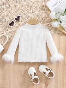 SHEIN Baby Girl Top, Urban Fashion Ribbed Splicing Fuzzy Sleeve Sweatshirt, Suitable For Outings, Gatherings, Parties, Vacations, Shopping And Other Occasions, Autumn/Winter