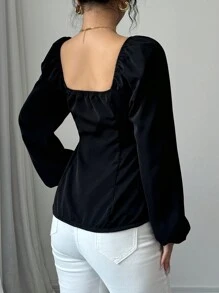Chiquease Blusa elegante de manga larga con panel de colores en bloque, adecuada para todas las estaciones - Negro - Ver 2