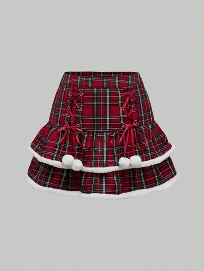 Kawaii Jupe évasée à volants en tartan de Noël pour femmes