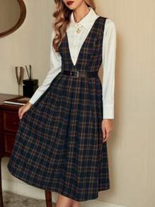 Vintamour Retro Classic Elegant Women's Pinafore Dress Sleeveless Plaid Dress With Flared Hem Valentine's Day Dresses For Women Elegant Business Casual Woman Church Clothes Women