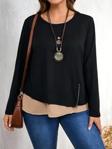 Plus Size Women's Round Neck Long Sleeve Casual Solid Color Patchwork Top - Apricot - View 6