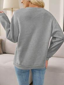 SHEIN LUNE Áo nỉ cổ tròn in chữ Slogan thường ngày cỡ lớn dành cho nữ, thời trang cho mùa thu/đông - Xám - Xem 2