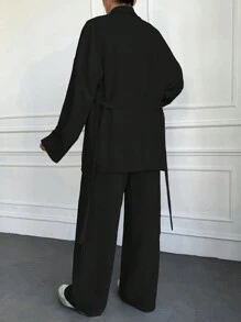 EURMUSE 2 件套女式纯色前系带长袖上衣和裤子休闲套装 - 黑色 - 查看 2