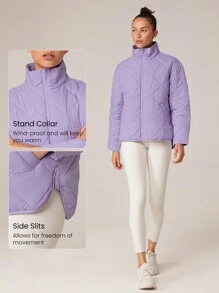 GLOWMODE Lightweight Warm Matte Quilted High Collar Relaxed Fit Curved Slits Hem Jacket With Snap Closure Side Pockets Daily Casual Winter