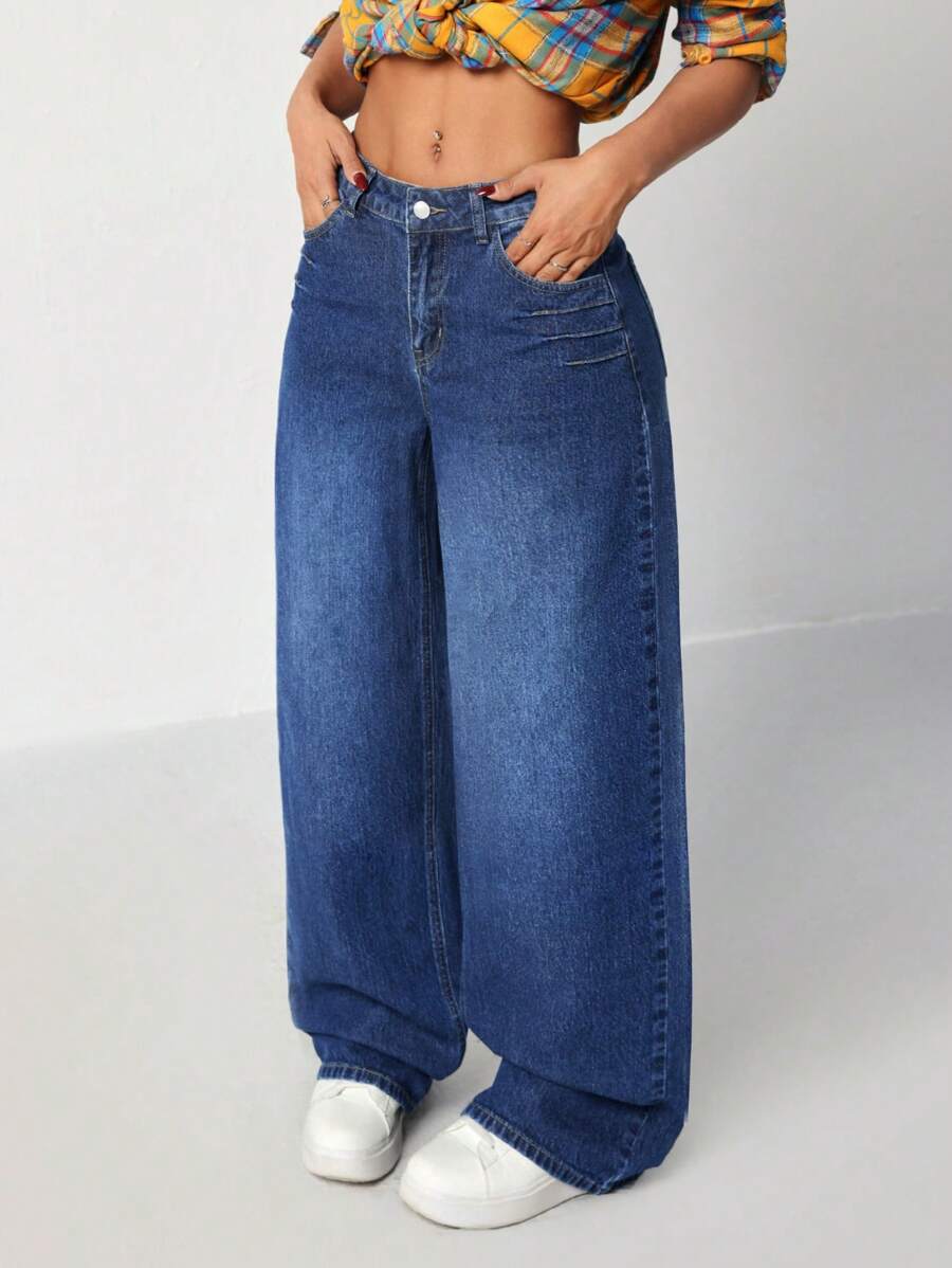 SHEIN EZwear 女士低腰休闲性感阔腿牛仔裤，蓝色 - 藍色 - 查看 1