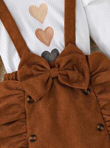 2pcs Girls Heart Print Cap Sleeve Long Sleeve T-Shirt With Suspender Skirt Suit Set, Autumn/Winter