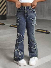 SHEIN SLAYR KIDS SLAYR KIDS Tween Girls' Y2K Casual Stonewashed Frayed Star Pattern Denim Flare Leg Jeans,Tween Girl Fall Clothes Homecoming Outfits - Dark Wash - View 3
