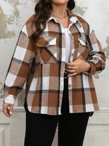 SHEIN LUNE Plus Size Plaid Pattern Flap Pocket Casual Jacket, Autumn/Winter - Multicolor - View 4