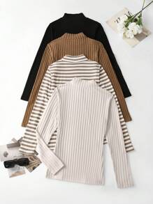 SHEIN LUNE Set de 4 camisetas de manga larga con cuello alto texturizado para mujer para atuendos de primavera