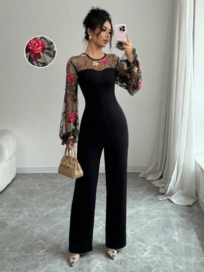 Selianne Blommig broderi för kvinnor i mesh lykta ärm Elegant Jumpsuit
