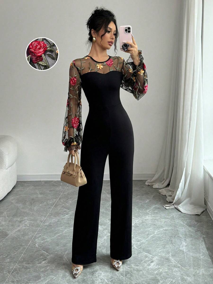 Selianne Women's Floral Embroidery Mesh Lantern Sleeve Elegant Jumpsuit Fall Cloth For Women