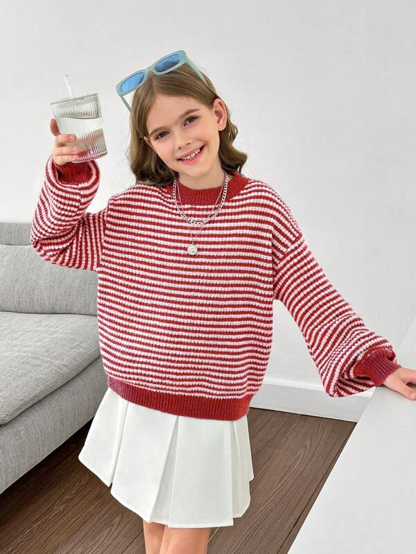 Tween Girls Loose Cozy Minimalist Crew Neck Striped Pattern Drop Shoulder Pullover Sweater