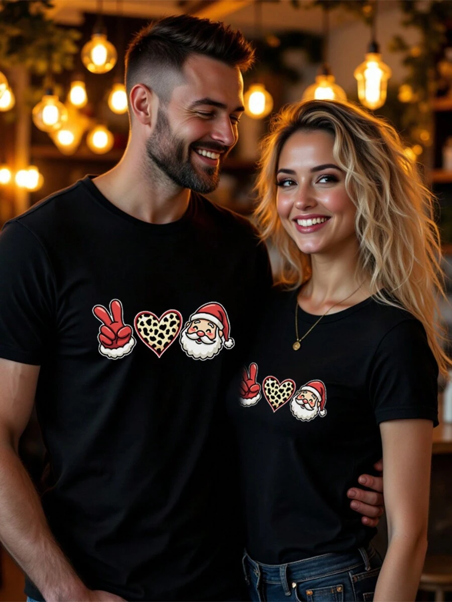 Manfinity Homme 1 Stück schwarzes Rundhals T-Shirt für Herren, (ein Preis) Weihnachten T-Shirt, geeignet für Paar-Party, vielseitig einsetzbar