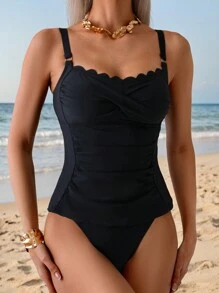 Summer Beach Women Shell Trim Camisole Top And Triangular Tankini Bottom 2pcs/Set - Black - View 4
