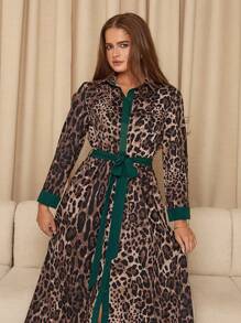 SHEIN Clasi Women's Long Leopard Print Color Block Shirt Collar Dress - Multicolor - View 5