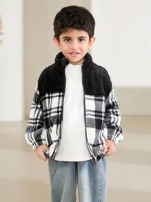SHEIN Young Boys Fleece-Feel Houndstooth Zipper Jacket, With Contrast Black Panel On Shoulders, Convenient Zip Design, Versatile To Match Various Pants, A Classic Essential - Multicolor - View 3
