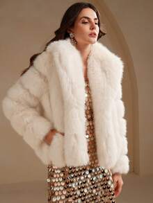 Anewsta Autumn/Winter New Elegant Lady Faux Fox Fur Coat, Fashion Furry Outerwear For Women - Beige - View 6