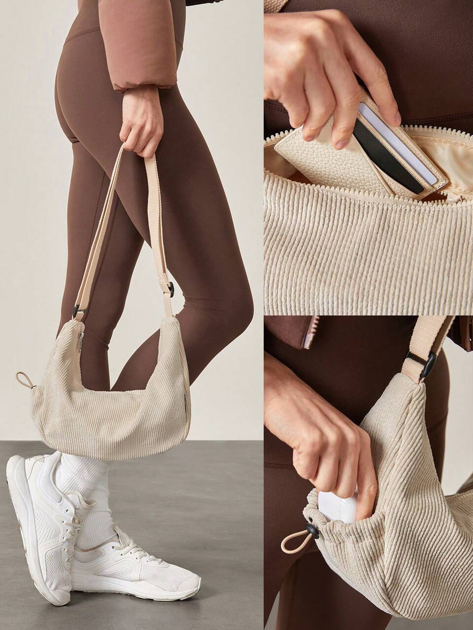 7L Easy Commute Corduroy Soft Cozy Shoulder Strap Bag With Side Drawstring Pockets Daily Casual