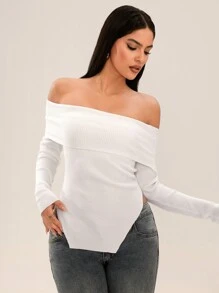 SHEIN SXY Off-Shoulder Solid Color Casual Versatile Asymmetrical Hem Sweater - White - View 5