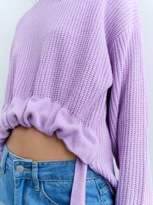 Maija 女士优雅紫色圆领不对称下摆褶皱系带腰部长袖宽松针织毛衣，秋冬 - 紫色 - 查看 5