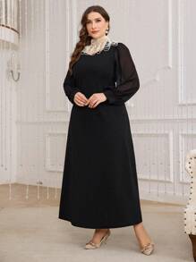 Modelyn Elegant Modest Muslim Arabic Women Plus Size Black Knit Pearl Necklace Bodycon Dress Long Evening Dresses Fall Cloth For Women - Black - View 6