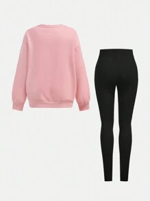 青少年女孩休闲宽松舒适圆领猫咪图案运动衫和裤子两件套，冬季服装 - 粉色 - 查看 4