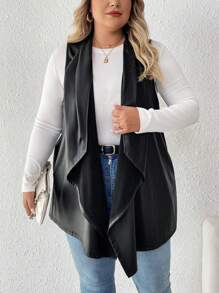 SHEIN CURVE+ Plus Size Women Solid Color Waterfall Collar PU Leather Sleeveless Casual Jacket Winter Autumn - Black - View 4