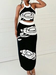 BamGleam Bộ áo len hai mảnh cho nữ, Áo vest hở vai họa tiết hoa đen trắng dệt kim giản dị cho nữ, Chân váy họa tiết hoa đen trắng dệt kim, Đầm ôm gợi cảm dự tiệc, Phong cách thu đông, Quần áo cho nữ mọi mùa - Đen và trắng - Xem 3