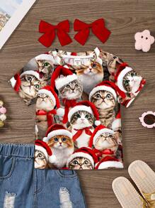 SHEIN Áo thun ngắn tay cổ tròn tối giản in hình mèo dễ thương chủ đề Giáng sinh, thích hợp cho bé gái mùa hè và Giáng sinh. - trắng - Xem 2