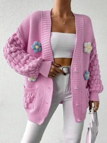 EURMUSE Áo khoác Cardigan họa tiết hoa 3D cho nữ, mặc thường ngày vào mùa thu/đông - Hồng - Xem 4