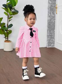 SHEIN 女婴梭织长袖条纹领合身休闲连衣裙（不含领带） - 玫紅色 - 查看 6