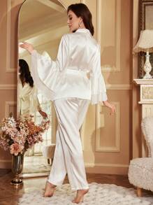 2pcs/Set Lace Flared Sleeve French Romantic Pajama Set For Women - White - View 2