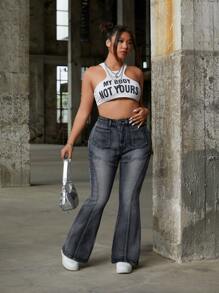 SHEIN ICON Y2K Streetwear Washed Elastic Denim Flare Pants - Dark Grey - View 3