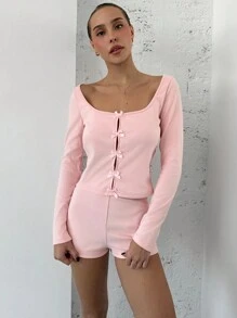 Aloruh 2pcs Casual Solid Color Bow Decor Long Sleeve Shorts Set, Autumn