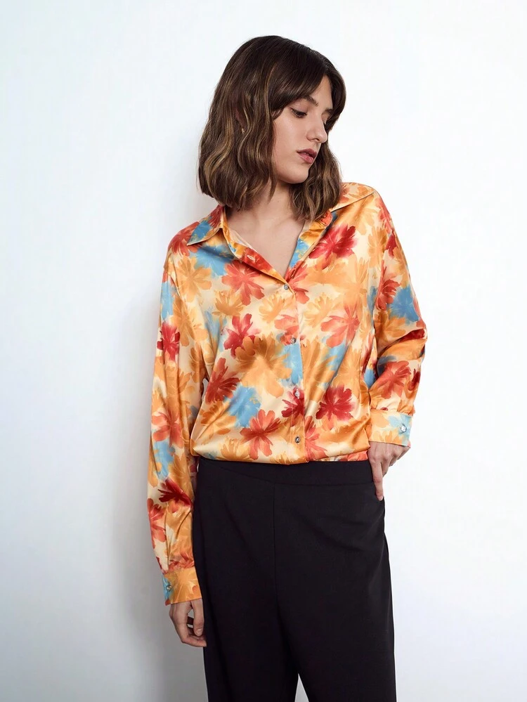 SHEIN Maija Women's Autumn/Winter Modern Minimalist Versatile Front-Button Floral All-Over Print Long Sleeve Shirt