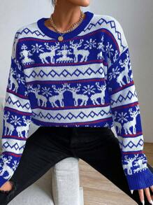 SHEIN LUNE Women's Round Neck Long Sleeve Cute Christmas Elk Pattern Detail Minimalist Sweater, Casual For Daily Wear Knit Pullover Fall Winter