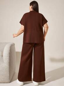 RueChic 2 Pcs Button Detail Sweater Pant+ Belted Sweater - Brown - View 2